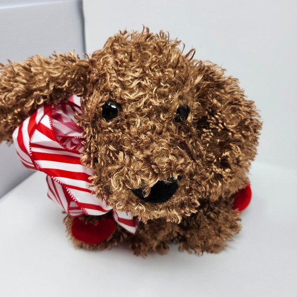 Brown Curly Plush‎ Dog Stuffed Animal Red Heart Paw Striped Bow 14 Inch - Picture 1 of 6